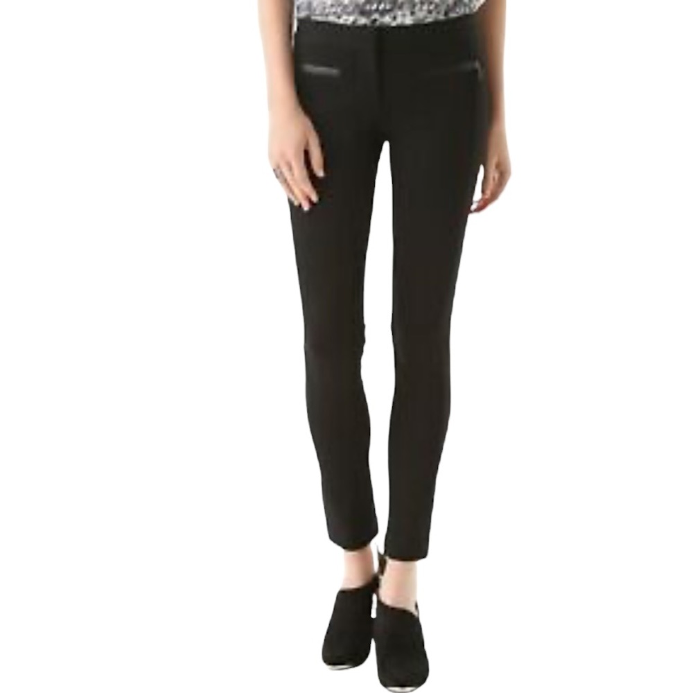 PAIGE Black Rosalind Ponte Knit Stretch Pants w/ Faux Leather Trim Pockets - Picture 1 of 12